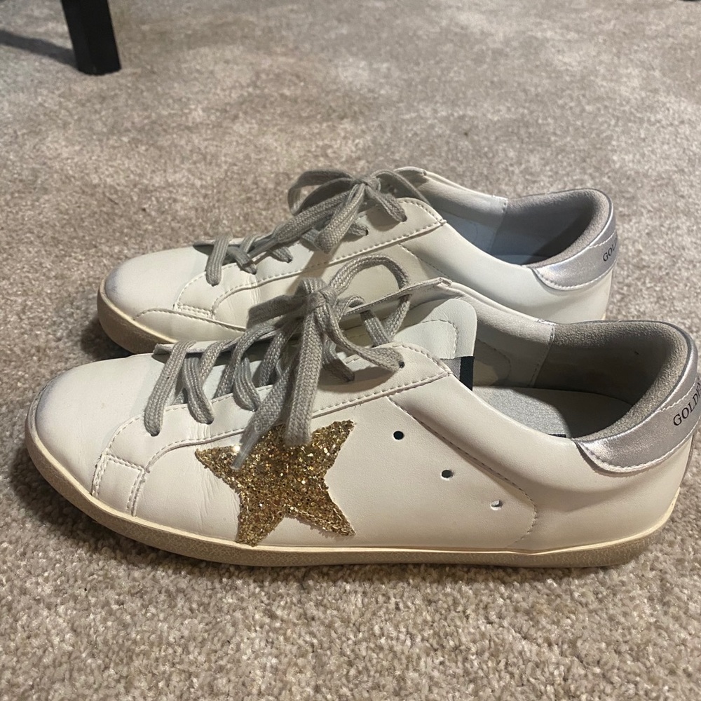 Golden Goose Gold-Accent White Leather Sneakers with Glitter Star look like